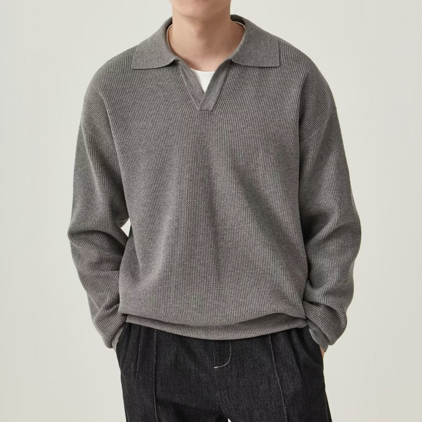 TEXTURED KNIT POLO SWEATER